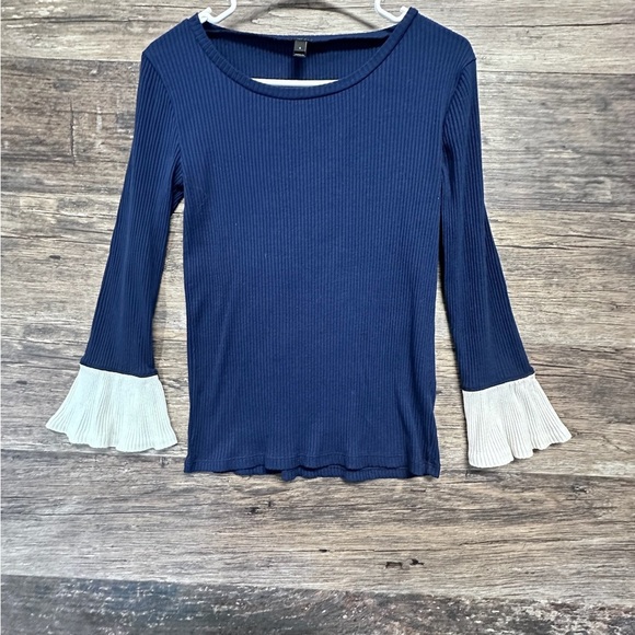J. Crew Blue and White Fitted Blouse with Bell Sleeves - Picture 1 of 8